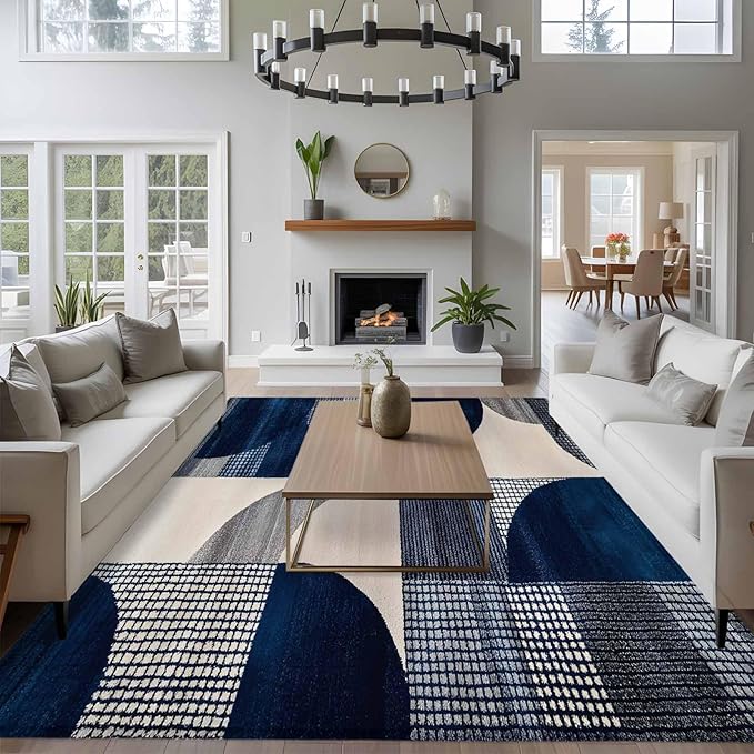 Modernism 5'x8' Large Area Rugs, Blue White Geometric Abstract Design Washable Area Rugs Non-Slip Indoor Floor Mats Large Carpet for Living Room Bedroom Dining Room