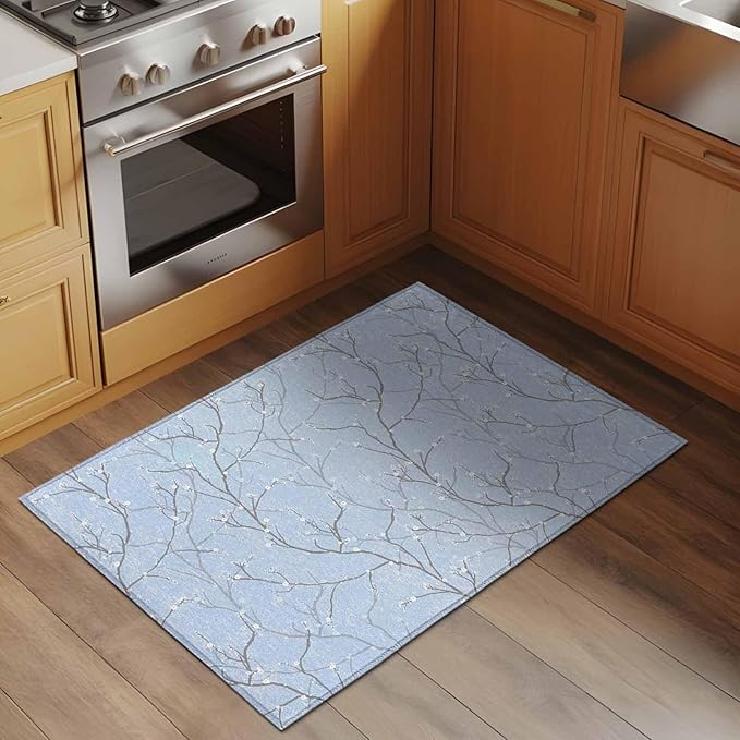 Blue Tree Branch Entryway Rug 2'x3', Retro Classic Art Blue Tree Branches Flower Small Area Rug Non-Slip Front Door Mat Washable Floor Carpet for Indoor Entrance Kitchen Bathroom
