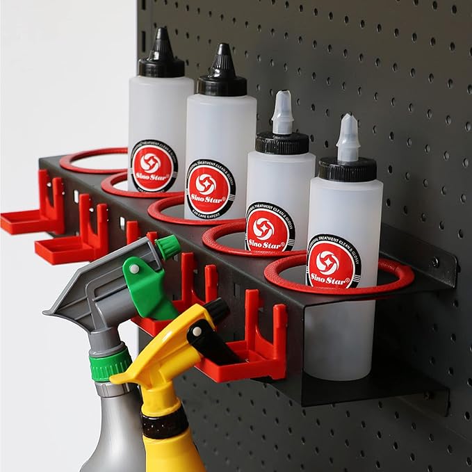 2 Set Spray Bottle Storage Rack,Wall Mount Spray Can Holder Garage Bottle Organizer, Hanging Rail Car Beauty Shop Accessory Display Auto Cleaning Detailing Tools Hanger with Car Cleaning Brush Kits
