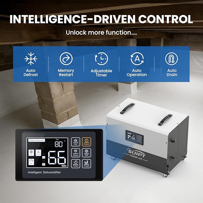 145 Pint Commercial Dehumidifier with Pump, Dehumidifiers for Crawl Space & Basement with Drain Hose, Industrial Dehumidifier with Swivel Caster for Large Space, Large Capacity, Auto Defrost