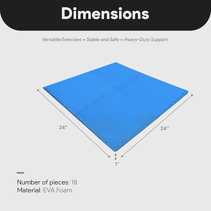 BalanceFrom Puzzle Exercise Mat 1' Thick, EVA Interlocking Foam Floor Tiles for Home Gym, Mat for Home Workout Equipment, Floor Padding for Kids, Blue, 24 in x 24 in x 1 in, 72 Sq Ft - 18 Tiles