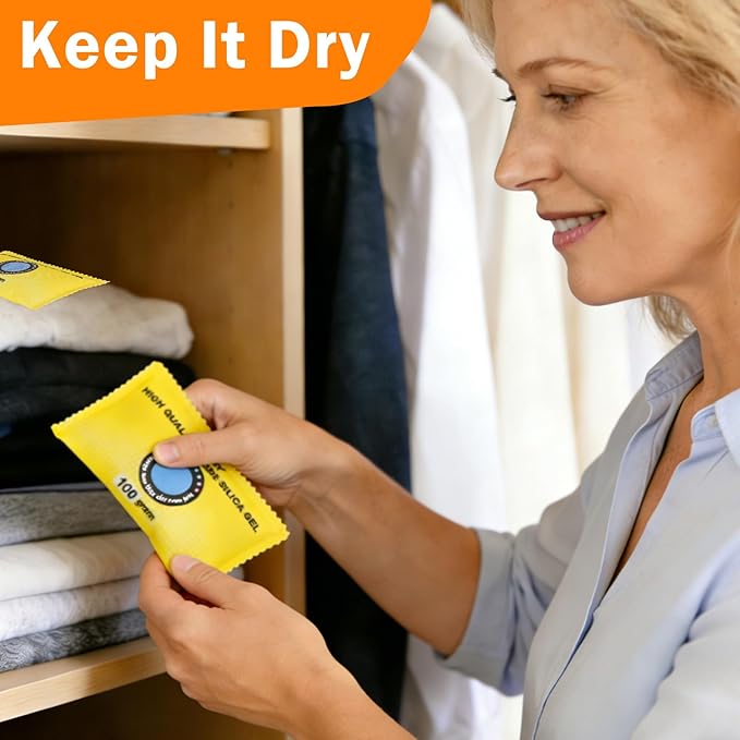 FURWEY 100g (12 Packs) Rechargeable Desiccant Packs for Storage, Color Indicating Silica Gel Desiccant Packets, Moisture absorbers for Storage,Dehumidifier Bag for Closets,Cars,Storage Bins