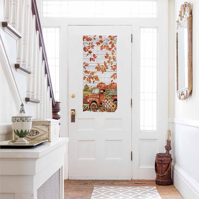 French Door Curtain Panel for Front Door, Fall Sunflower Pumpkins Retro Wood Countryside Slidelight Door Curtains with Tieback Light Filtering Privacy Panels for Doorway Entryway 25"x 40"