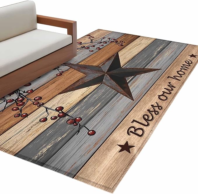 Country Stars Area Rugs 2.7'x5', Vintage Rust Black Star Berry Brown Light Blue Wood Grain Washable Area Rugs Non-Slip Indoor Floor Mats Carpet for Living Room Bedroom Dining Room