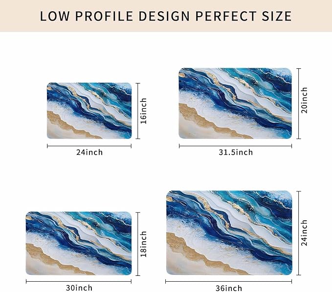 Abstract Spray Doormat Gold White Blue Ocean Oil Painting Style Non Slip Low Profile Rubber Door Mat Washable Absorbent Indoor Front Door Mat Entryway Rug Entrance Carpet 18x30 Inch