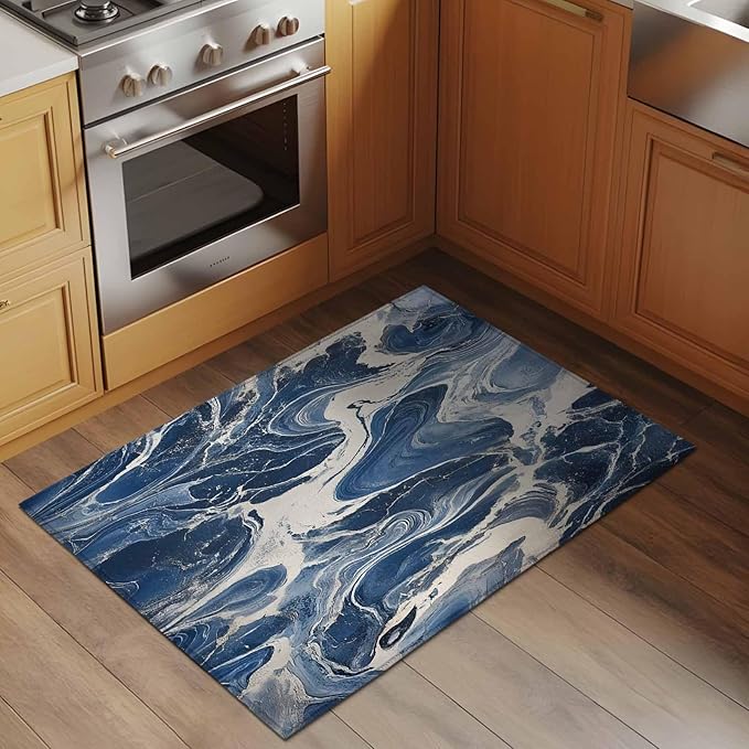 Impressionist Style Entryway Rug 2'x3', White Blue Blurred Wash Small Area Rug Non-Slip Front Door Mat Washable Floor Carpet for Indoor Entrance Kitchen Bathroom