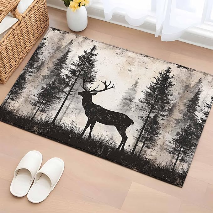 Elk Entryway Rug 2'x3', Deer Silhouette Small Area Rug Non-Slip Front Door Mat Washable Floor Carpet for Indoor Entrance Kitchen Bathroom