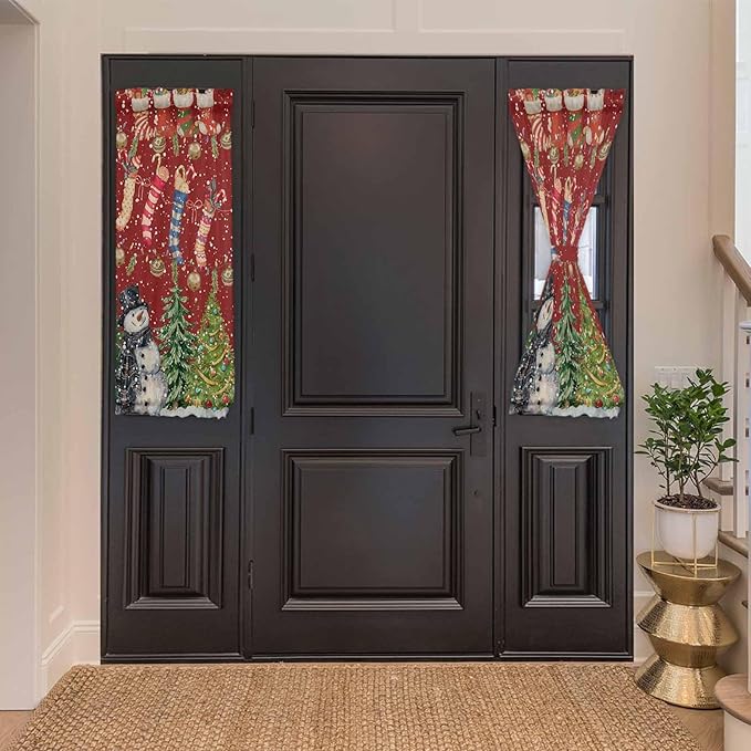 Christmas French Door Curtain Panel for Front Door, Various Christmas Socks Smiling Snowman Pine Tree Slidelight Door Curtains with Tieback Light Filtering Privacy Panels for Entryway 25"x 40"