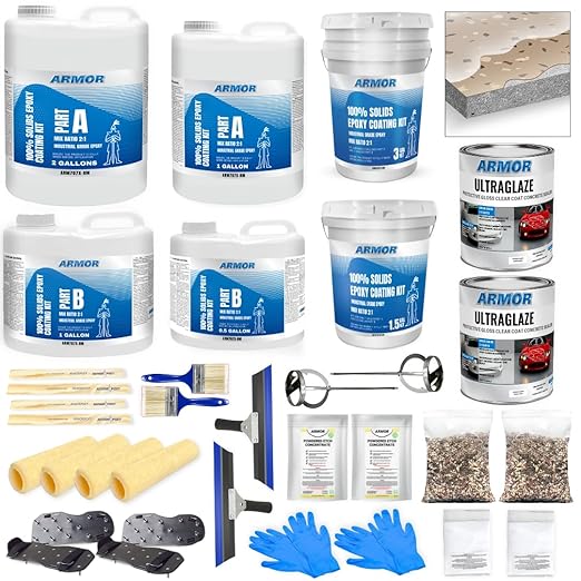 ArmorPoxy Garage Epoxy Floor Kit – 100% Solids - 2 Part Industrial-Grade Coating w/UltraGlaze Topcoat | DIY Slip & Hot Tire Resistant | 900 Sq Ft - Khaki Tan - 32 pc kit