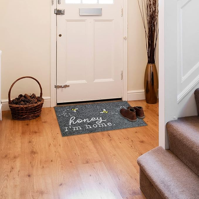 Front Door Mat, Bee Grey Welcome Mats Outdoor Indoor, Stain and Fade Resistant, Non-Slip Backing Entry Mat Low Profile Doormat for Entryway, 36×24 Large