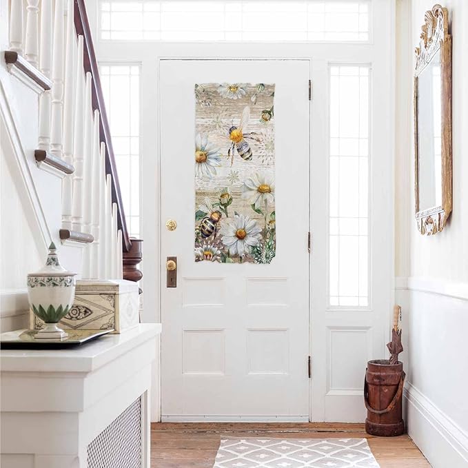 French Door Curtain Panel for Front Door, Retro Country Style Wood Grain Flower Plant Daisy Bee Slidelight Door Curtains with Tieback Light Filtering Privacy Panels for Doorway Entryway 25"x 40"