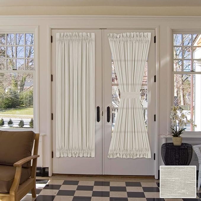 H.VERSAILTEX Linen French Door Curtains Privacy Light Reducing Door Curtain with Tieback | Rod Pocket Sheer Curtain 1 Panel for Glass Feature Open Weave Textured Linen - 52"x72" - Natural