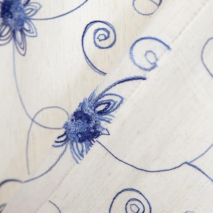 VOGOL French Door Curtains, Rod Pocket Light Filtering Curtains for Doors with Glass Window, Blue Foral Embroidery Design for Kitchen Patio Doors, 25 x 72 Inches, 1 Panel