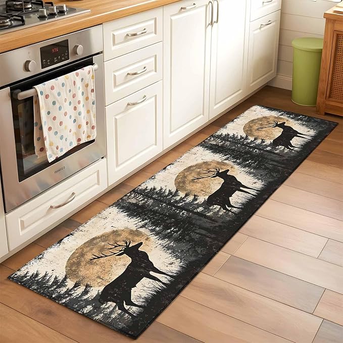 Deer Runner Rug 2'x6', Elk Silhouette Hallway Runner Rugs Washable Non-Slip Bedside Floor Mats Carpet for Kitchen Bedroom Laundry Room Bathroom