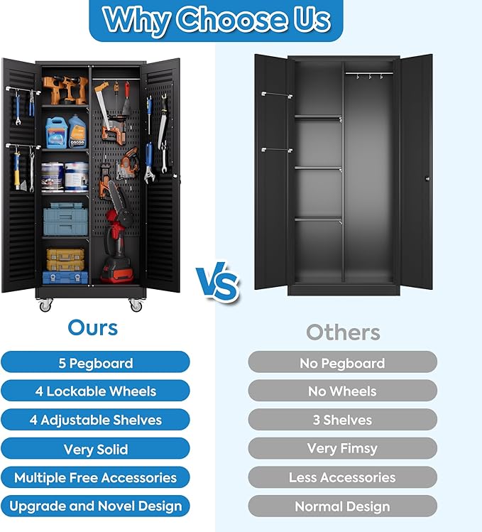Reemoon Mop and Broom Closet Storage Cabinet with Wheels and Pegboard,Metal Garage Storage Cabinet with Doors and Adjustable Shelves for Garage Home,Required Assembly,Black