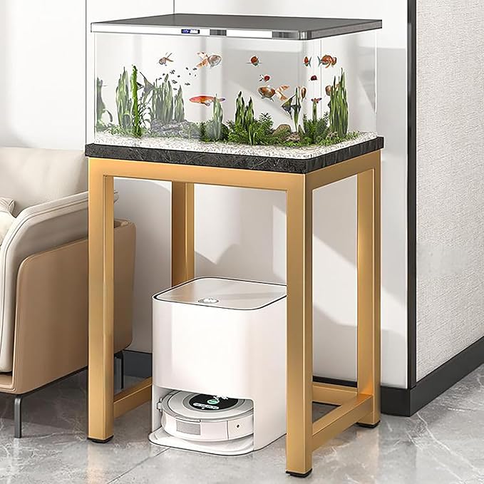 Storage Rack Above The Sweeping Robot,Robot Vacuum Stand Cabinet,Entryway Hallway Double-Tier Robot Vacuum Cleaner Shelf,Steel Frame with Wooden Top,Small End Tables for Bathroom(Black/Gold,40x40/15.7