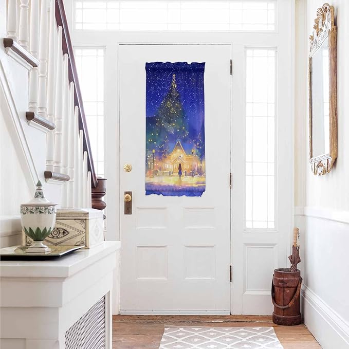 Christmas French Door Curtain Panel for Front Door, Watercolor House Xmas Tree Snowy Night Slidelight Door Curtains with Tieback Light Filtering Privacy Panels for Doorway Entryway 25"x 40"