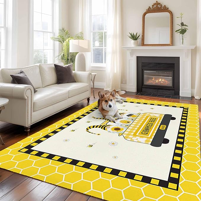 Honey Gnomes 6'x9' Large Area Rugs, Bees Hive Sunflower Truck Washable Area Rugs Non-Slip Indoor Floor Mats Large Carpet for Living Room Bedroom Dining Room