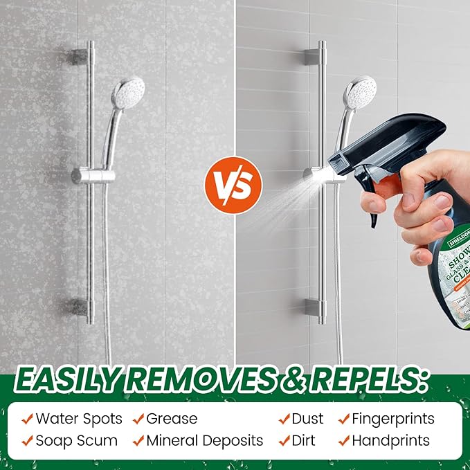 SHIELDOM Shower Glass Cleaner, Glass Window & Mirror Cleaning Hard Water Stains Remover Removes Soap Scum/Water Spot/Fingerprint/Dirt with Squeegee & Towel for a Streak-Free Shine 6.8fl oz/200ml