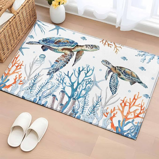 Sea Turtle Entryway Rug 2'x3', Seagrass Coral Starfish Small Area Rug Non-Slip Front Door Mat Washable Floor Carpet for Indoor Entrance Kitchen Bathroom