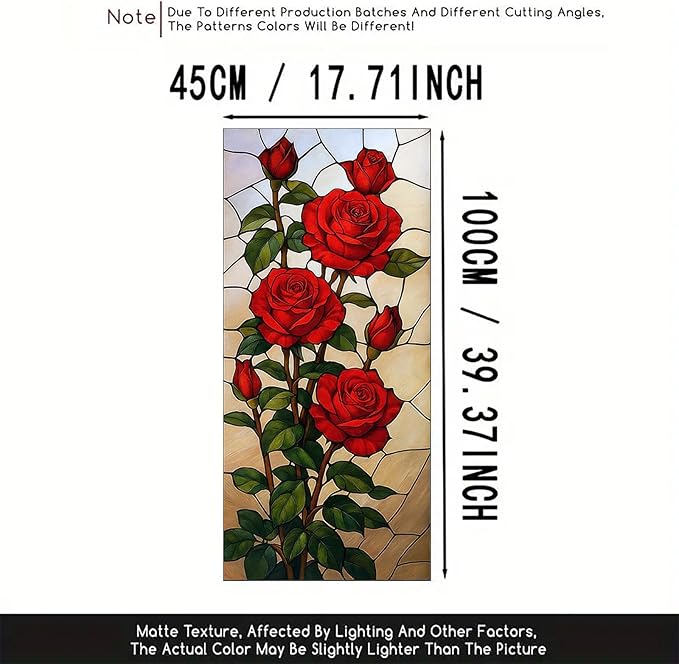 Red Rose Privacy Film Stained Glass Style Static Cling No Glue Decorative Panel Light Filtering Cover for Living Room Door Entryway 17.7x39.3 inch