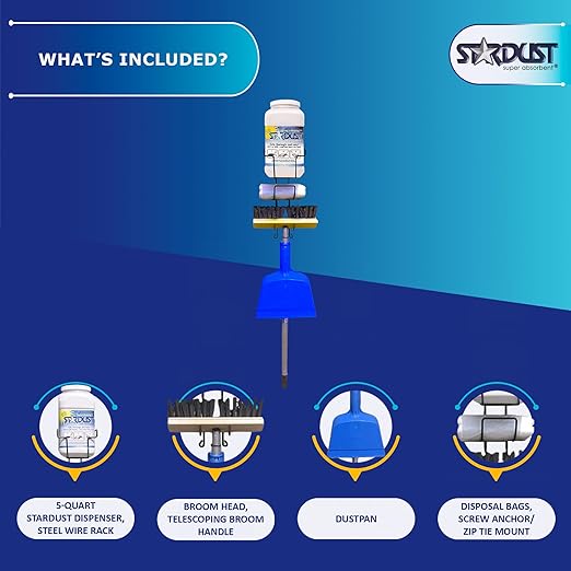 Stardust Complete Quick Response Cleaner Bundle - Wall Mount Kit with Cleaner/Degreaser, Screw Anchor, Zip Tie Mounts, Broom Head, 5-Quart Dispenser, Broom Handle, Dust Pan, (10) Disposal Bags