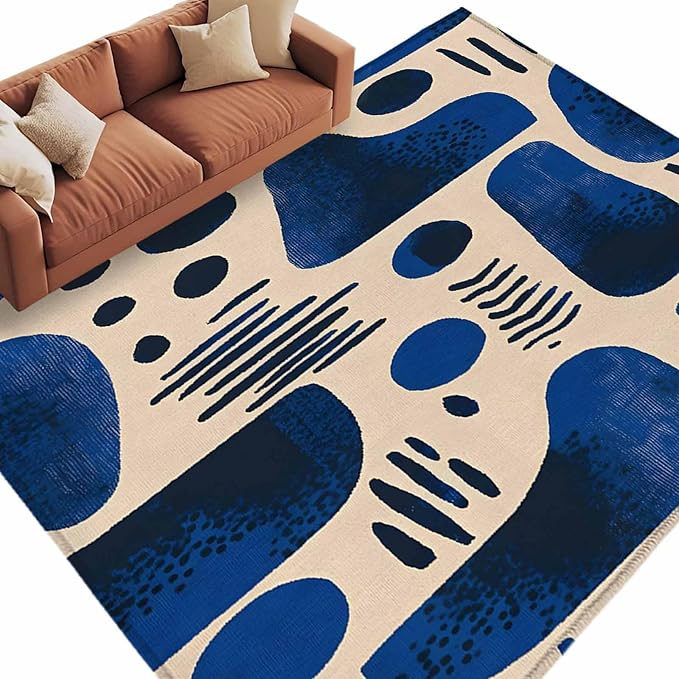Modernism 9'x12' Large Area Rugs, Blue Black Geometric Abstract Style Washable Area Rugs Non-Slip Indoor Floor Mats Large Carpet for Living Room Bedroom Dining Room