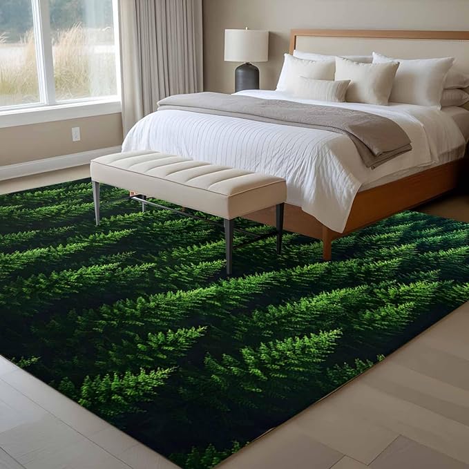 Green Forest 9'x12' Large Area Rugs, Pine Trees Forest Landscape Style Summer Washable Area Rugs Non-Slip Indoor Floor Mats Large Carpet for Living Room Bedroom Dining Room