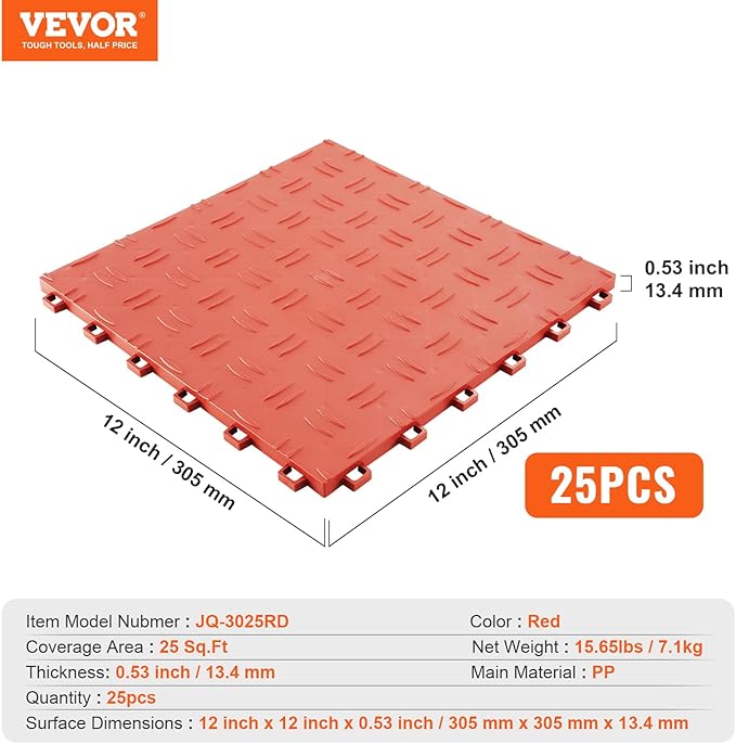 VEVOR Garage Floor Tiles 12 x 12 x 0.53 inch, Interlocking Design Ease of Installation Double-Sided Texture Non-Slip Sturdiness, for Garages, Basements, Repair Shops, Red, 25 Pack