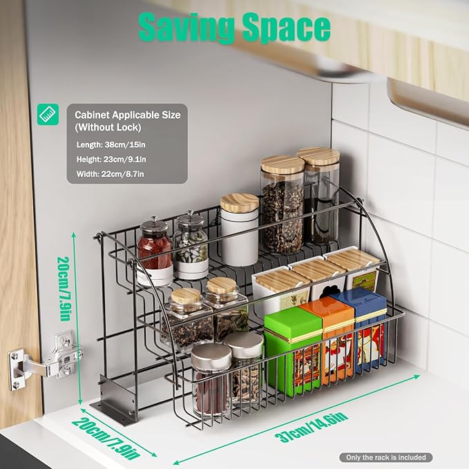 3-Tier Pull Down Cabinet Spice Rack Organizer,Metal Storage Shelf,Retractable Large Capacity Kitchen Storage Shelf Organizer for Kitchen Cabinet Cupboard Pantry, Black, LL0124-1