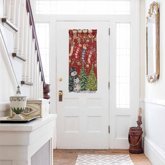 Christmas French Door Curtain Panel for Front Door, Various Christmas Socks Smiling Snowman Pine Tree Slidelight Door Curtains with Tieback Light Filtering Privacy Panels for Entryway 25"x 40"