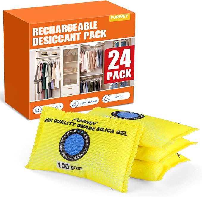 FURWEY 100g (24 Packs) Rechargeable Desiccant Packs for Storage, Color Indicating Silica Gel Desiccant Packets, Moisture absorbers for Storage,Dehumidifier Bag for Closets,Cars,Storage Bins