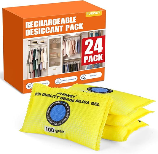 FURWEY 100g (24 Packs) Rechargeable Desiccant Packs for Storage, Color Indicating Silica Gel Desiccant Packets, Moisture absorbers for Storage,Dehumidifier Bag for Closets,Cars,Storage Bins