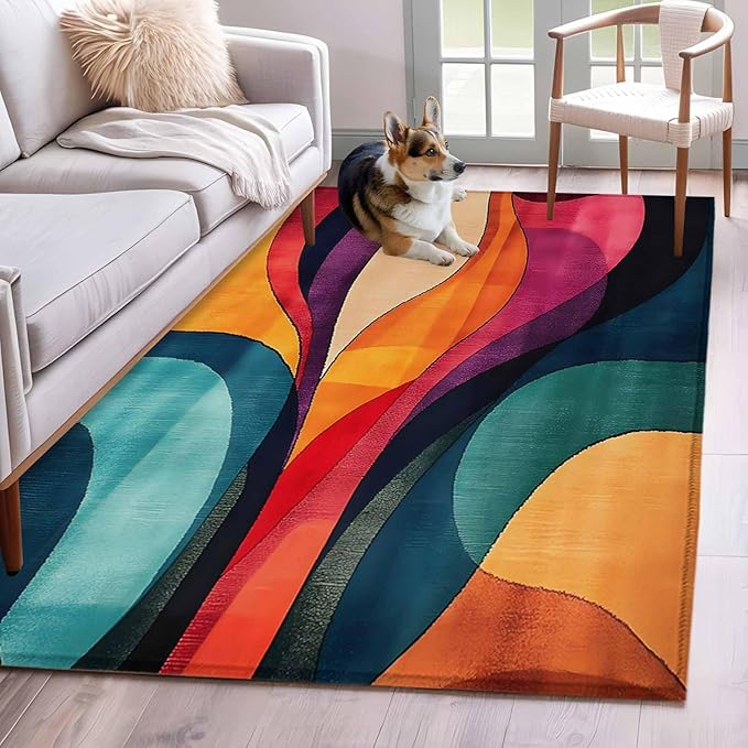 Minimalist Art 3'x5' Area Rugs, Abstract Yellow Blue Color Block Line Washable Area Rugs Non-Slip Indoor Floor Mats Carpet for Living Room Bedroom Dining Room