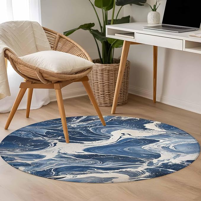 Impressionist Style Round Rug 4 Ft, White Blue Blurred Wash Circle Area Rugs Washable Non Slip Indoor Floor Mats Carpet for Living Room Bedroom Dining Room Home Decor