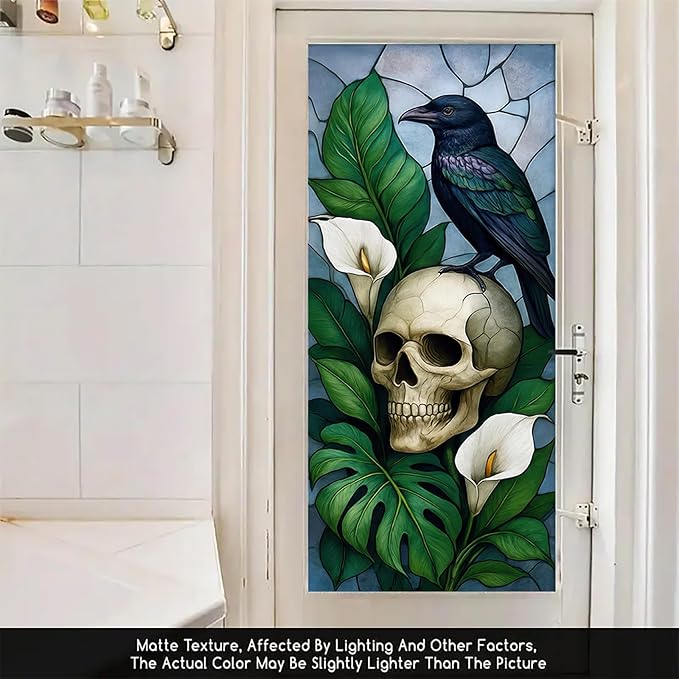 Gothic Raven Skull Privacy Film Static Cling Stained Glass Panel No Glue Decorative Cover for Halloween Door Studio Bathroom Partition 17.7x39.3 inch