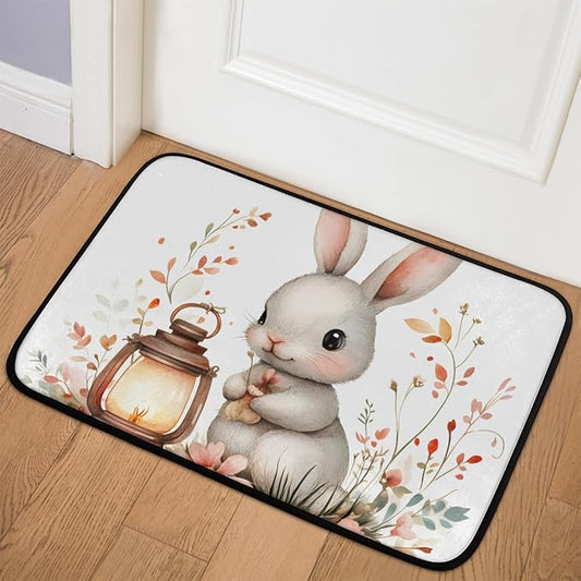 Cute Rabbits Spring Easter Cartoon Leaves Lanterns Bunny Funny Doormat, Humorous Welcome Mat, Durable Front Door Rug, Entryway Decor 16X24Inch