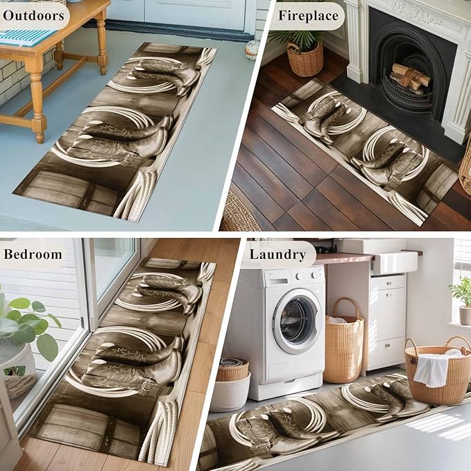 Western Cowboy Runner Rug 2'x6', Vintage Countryside Cowboy Boots Ropes Hallway Runner Rugs Washable Non-Slip Bedside Floor Mats Carpet for Kitchen Bedroom Laundry Room Bathroom
