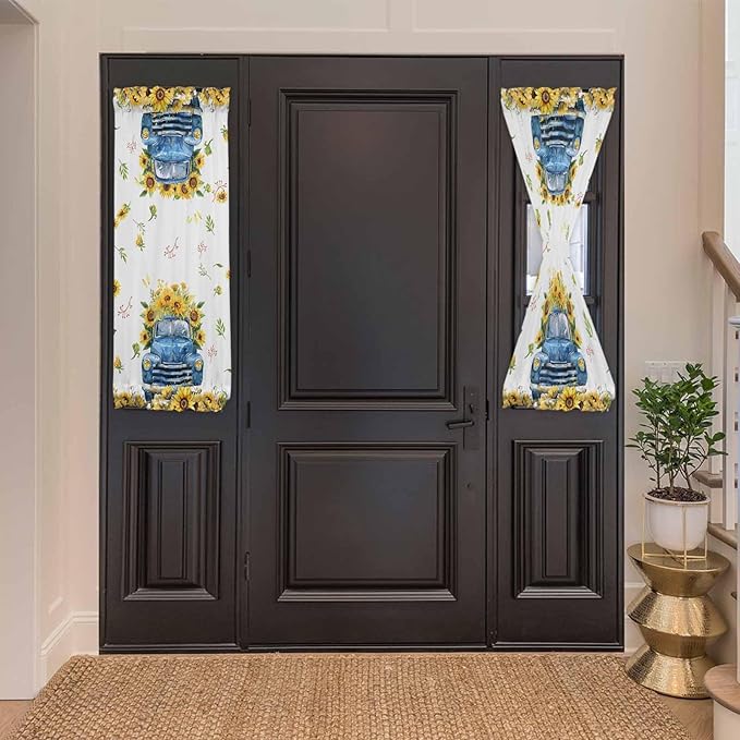 French Door Curtain Panel for Front Door Sunflower Blue Truck Summer Slidelight Door Curtains with Tieback Light Filtering Privacy Panels for Doorway Entryway 25"x 40"
