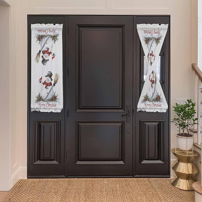 Christmas French Door Curtain Panel for Front Door, Retro Gray Snowman Cardinal Bird Merry Christmas Slidelight Door Curtains with Tieback Light Filtering Privacy Panels for Doorway Entryway 25"x 40"