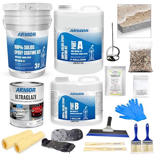 ArmorPoxy Garage Epoxy Floor Kit – 100% Solids - 2 Part Industrial-Grade Coating w/UltraGlaze Topcoat | DIY Slip & Hot Tire Resistant | 600 Sq Ft - Khaki Tan - 17 pc kit