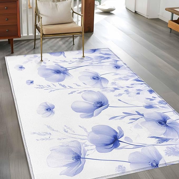 Flower Area Rugs 2.7'x5', Blue Washable Area Rugs Non-Slip Indoor Floor Mats Carpet for Living Room Bedroom Dining Room