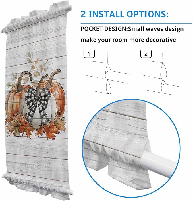 French Door Curtain Panel for Front Door, Plaid Bow White Pumpkin Maple Wood Grain Slidelight Door Curtains with Tieback Light Filtering Privacy Panels for Doorway Entryway 25"x 40"