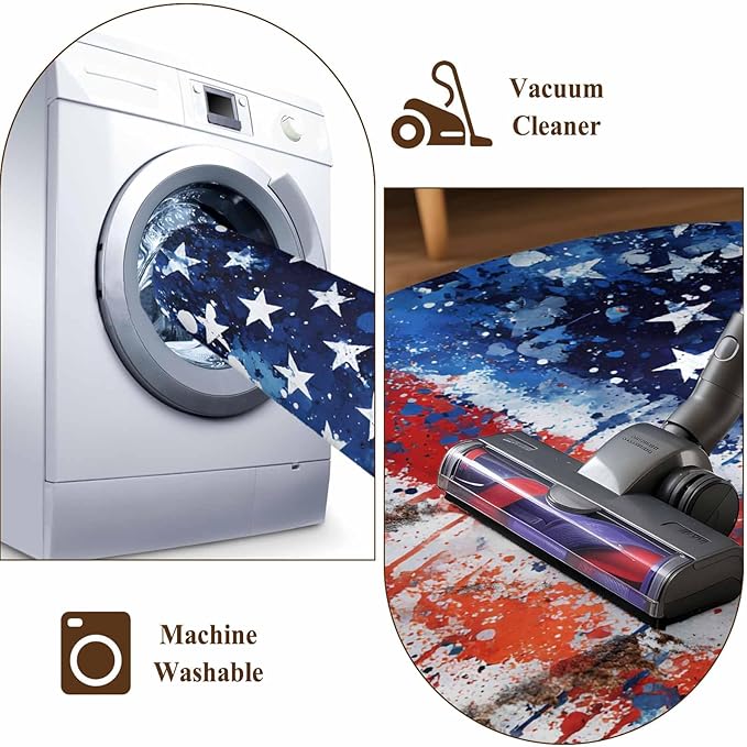 Mottled Red Blue White Stars Painted Flag Round Rug 6 Ft, Circle Area Rugs Washable Non Slip Indoor Floor Mats Carpet for Living Room Bedroom Dining Room Home Decor