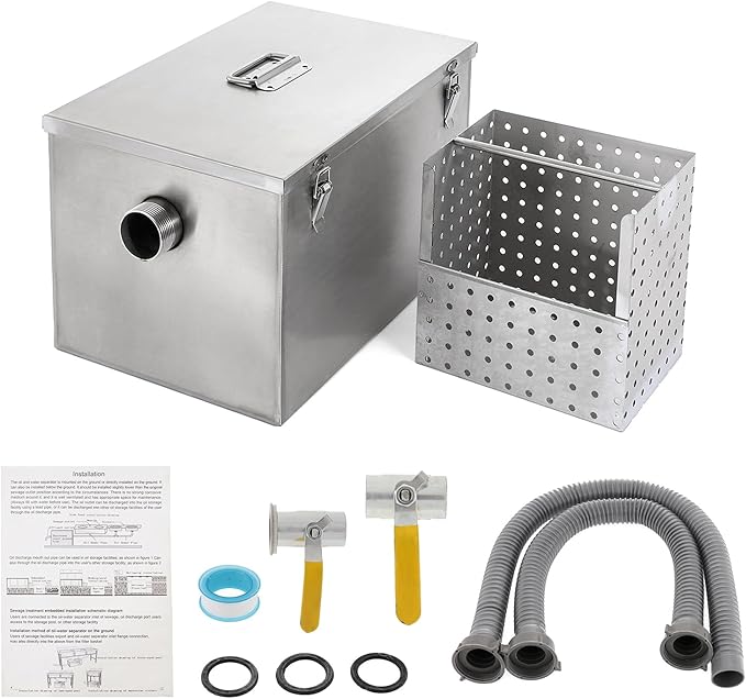BEAMNOVA 8lbs Commercial Grease Trap Stainless Steel Interceptor for Restaurant Side Inlet