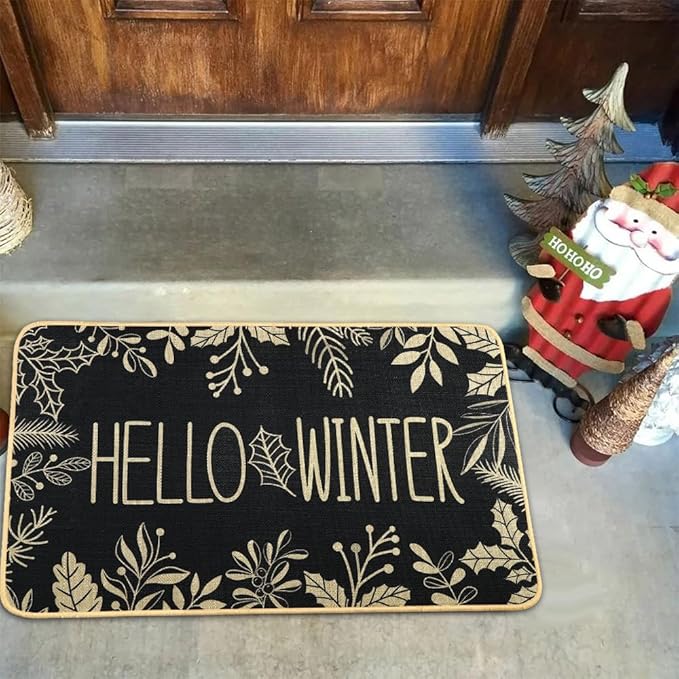 Hello Winter Door Mat Welcome Doormat, Winter Christmas Black Outdoor Rug Leaves Decor Floor Front Door Mat Non-Slip Entrance Mat for Home Kitchen Bathroom Decorations 17 X 29 Inch