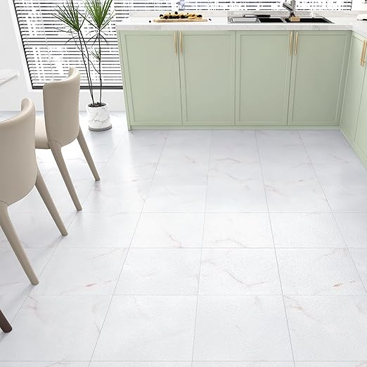 Wallercity White/Red Peel and Stick Floor Tile Waterproof White Marble Floor Tiles for Kitchen Bathroom 12''x12'' Vinyl Flooring Tile Panels Modern Self Adhesive Flooring Sheets for Hallway RV 5PCS