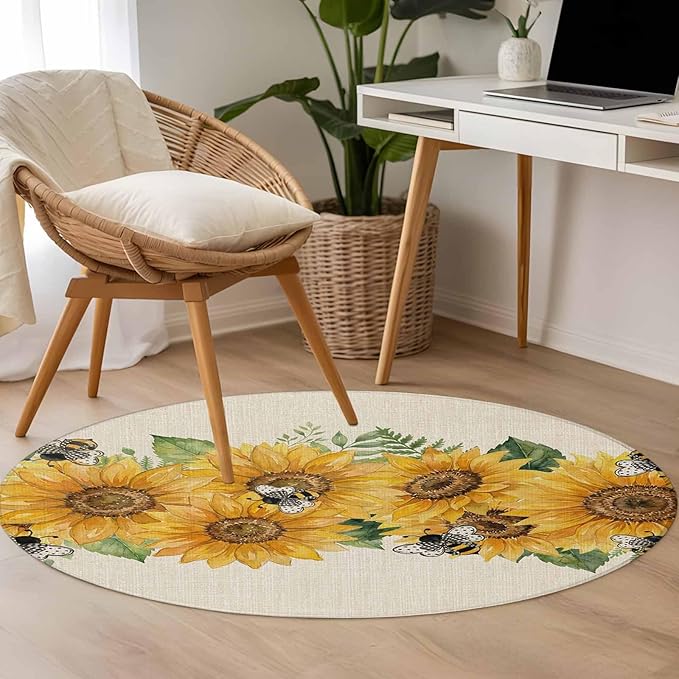 Watercolor Sunflower Cartoon Farmhouse Bee Linen Texture Round Rug 4 Ft, Circle Area Rugs Washable Non Slip Indoor Floor Mats Carpet for Living Room Bedroom Dining Room Home Decor