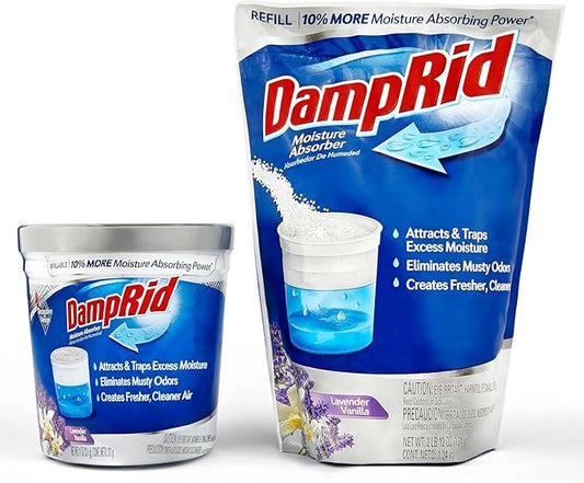 Damp Rid Refillable Moisture Absorber – Lavender Vanilla Humidity Absorber & Odor Absorber with 11oz Cup and 44oz Refill Bag, Cleaner Air for Closet & Bathroom – ILIOS Packaging