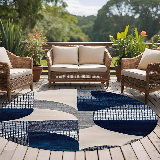 Modernism Large Round Rug 8Ft, Blue White Geometric Abstract Design Circle Area Rugs Washable Non Slip Indoor Floor Mats Carpet for Living Room Bedroom Dining Room Home Decor